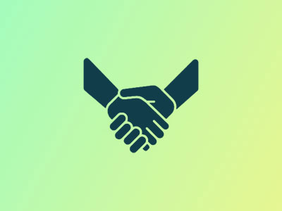 Silhouette of a handshake on a gradient green and yellow background.