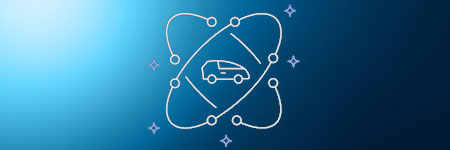 Illustration of a car within an abstract network, representing automotive supply chain resources on a blue gradient background.