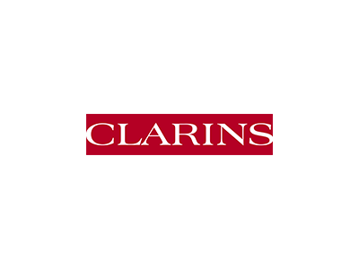 Clarins logo in white text on a red background.