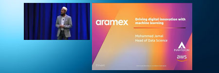 A presentation slide from AWS featuring Aramex with the title 'Driving digital innovation with machine learning'. The slide identifies Mohammed Jamal, Head of Data Science, and includes branding from Aramex, Innovoom, and AWS. An individual stands and speaks on stage next to the slide.