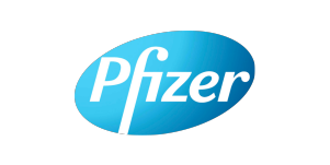 The Pfizer logo with white text on a blue oval background.