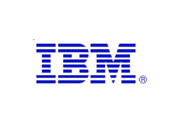 The IBM logo with blue horizontal stripes on a white background.