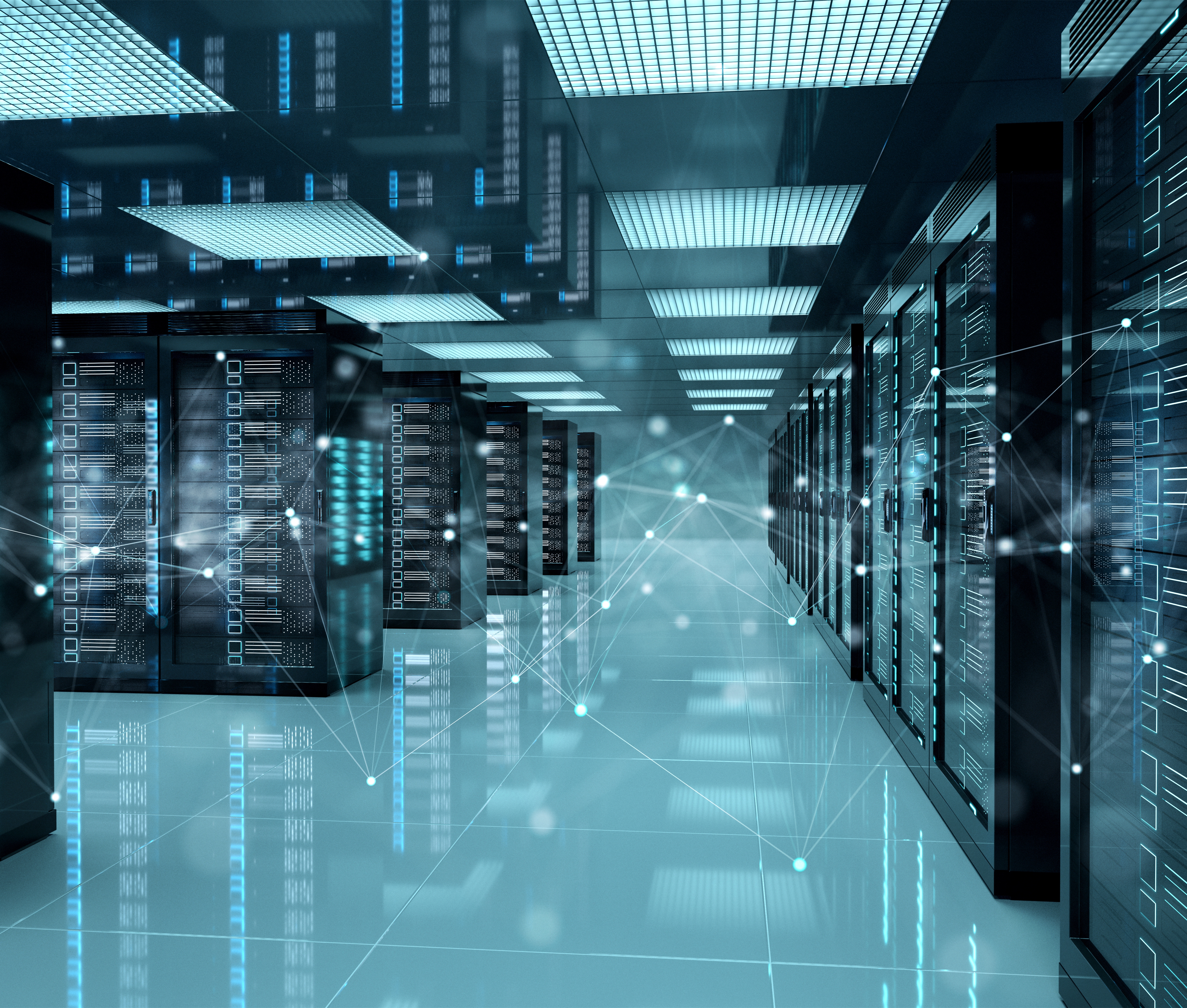 A futuristic server room with rows of illuminated server racks and digital network connections visualized as glowing lines and nodes.