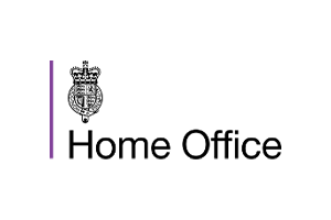 The official logo of the UK Home Office, featuring a black emblem and the text 'Home Office' with a vertical purple line on the left.