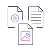 Icons of a video file, image file, and document file, outlined in black with pink and blue accents.
