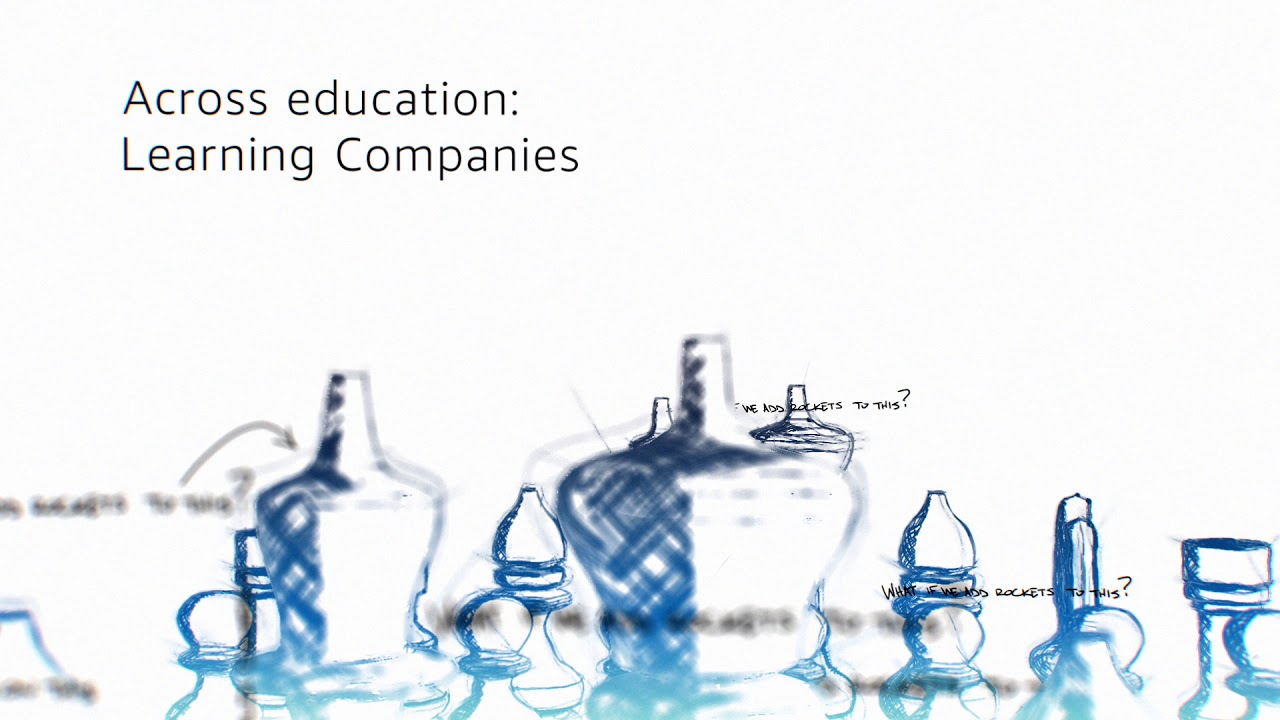 YouTube thumbnail image with the title 'Across education: Learning Companies' and artistic blue sketches of bottles or containers at the bottom, representing the theme of learning and education in companies.