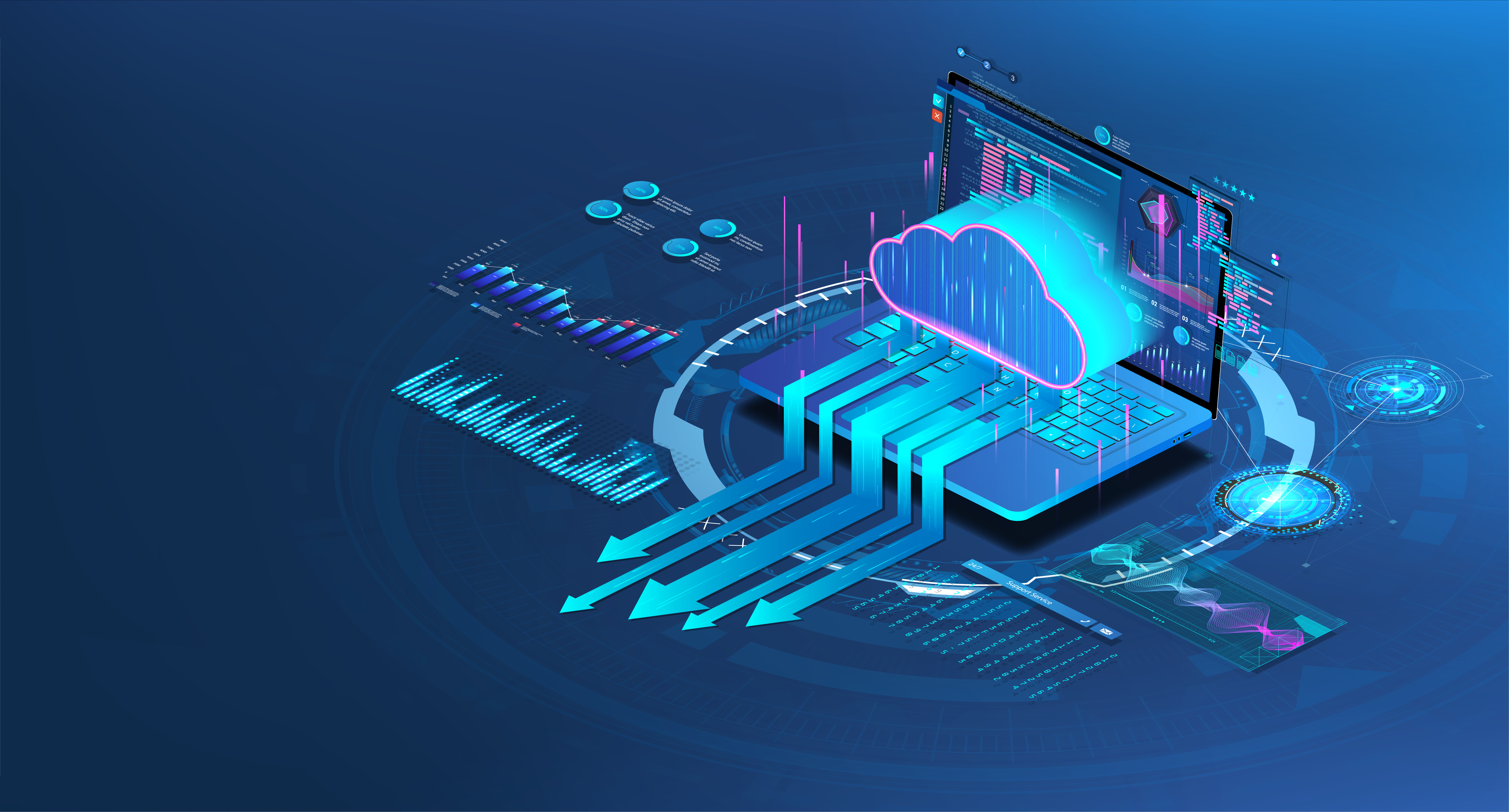 An abstract illustration of a digital cloud connected to a laptop, with data arrows and analytics graphics representing cloud computing, data flow, and digital transformation on a blue background.