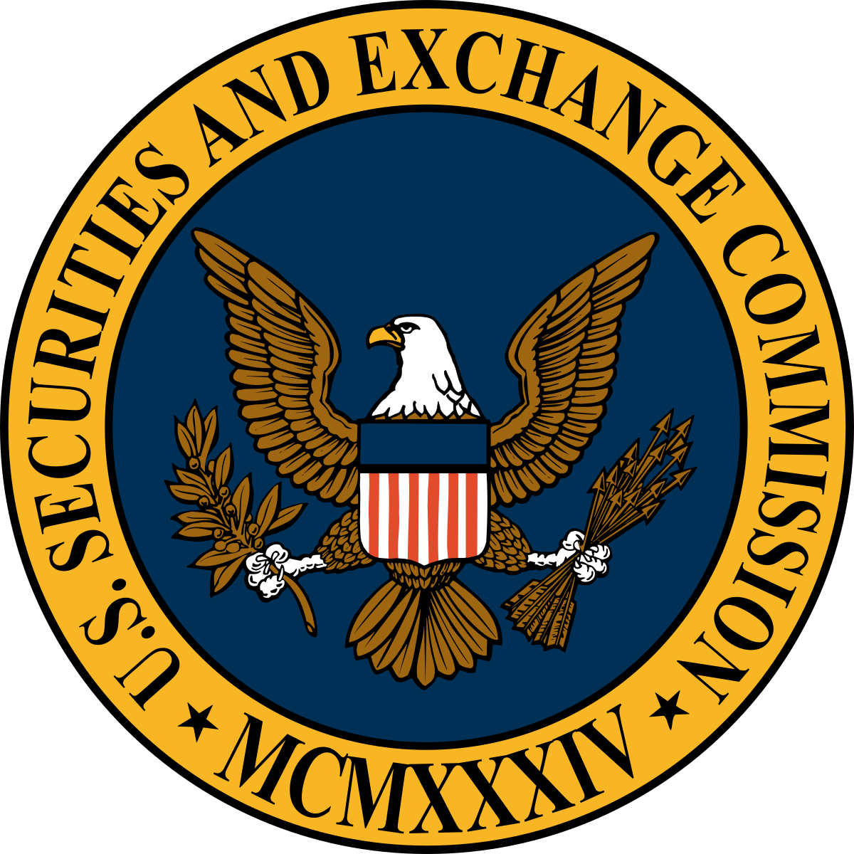 Seal of the U.S. Securities and Exchange Commission featuring a bald eagle holding an olive branch and arrows, with "U.S. Securities and Exchange Commission" and "MCMXXXIV" written around the border.