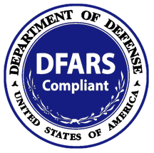 Dark blue circular badge with the text "DFARS Compliant" and a laurel design.