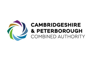 Logo for the Cambridgeshire and Peterborough Combined Authority, featuring a colorful circular emblem and the organization's name.