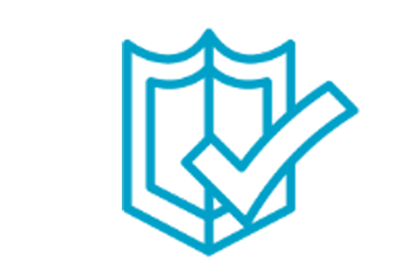 A white shield icon with a checkmark on a blue background.