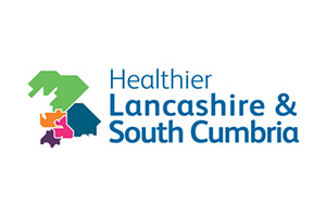 Logo for Healthier Lancashire & South Cumbria featuring a multicolored map graphic and text.