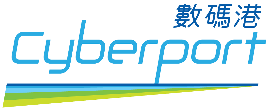 "Cyberport logo with blue text and Chinese characters above, featuring green and blue stripes below."