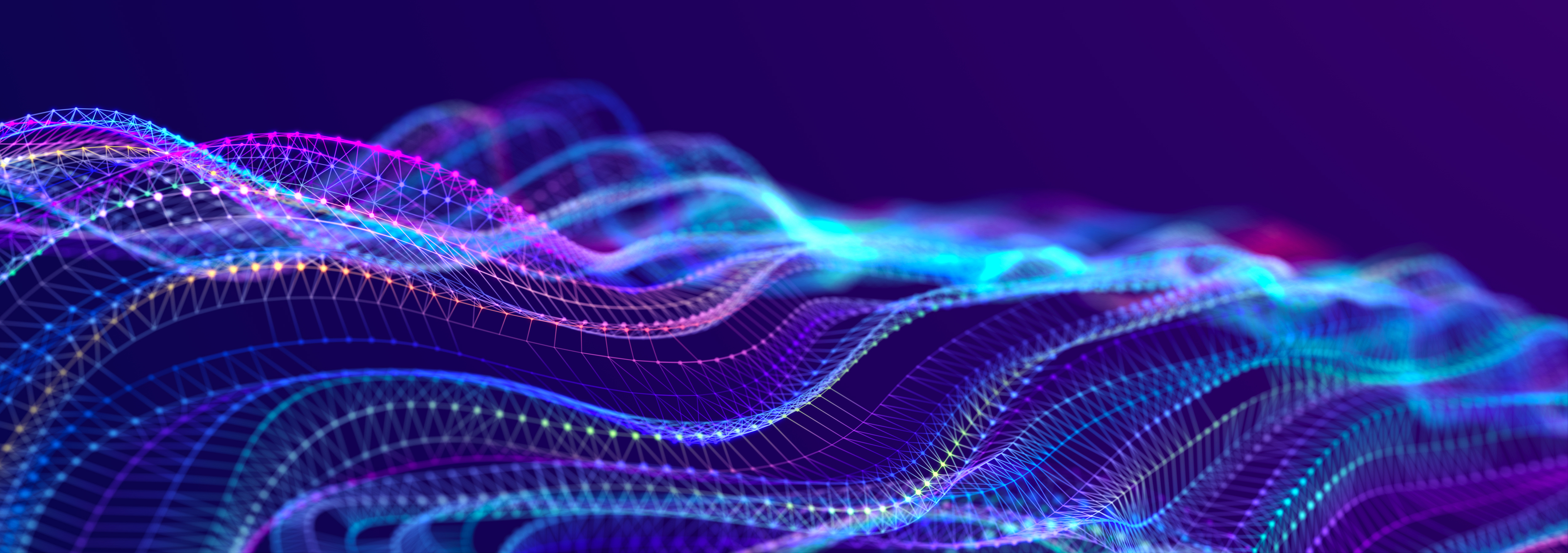 Abstract digital wave network with interconnected lines and glowing nodes in shades of purple and blue on a dark background.