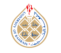 Logo of the University of Bahrain featuring Arabic calligraphy, a torch flame, and geometric patterns within a teardrop-shaped outline.