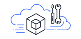 "Cloud icon with a cube and tools symbolizing development and configuration."