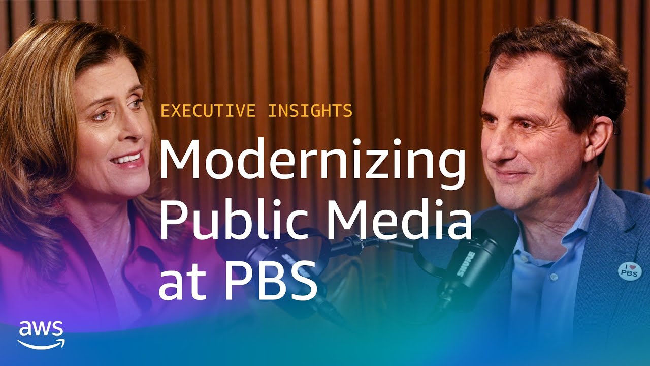Text overlay reads "Executive Insights: Modernizing Public Media at PBS" with microphones visible in a studio setting.