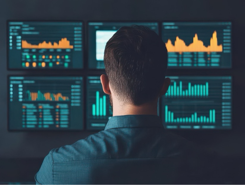 Man analyzing data on multiple screens displaying charts and graphs in a dark room.