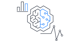 Abstract illustration of a brain with circuit-like patterns, a bar chart, and a line graph.