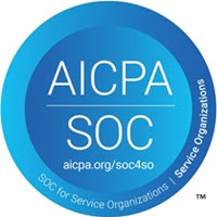 Blue circular badge with text "AICPA SOC" and "SOC for Service Organizations" along with the website "aicpa.org/soc4so".