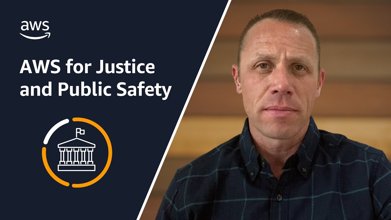"Text reading 'AWS for Justice and Public Safety' alongside an icon of a courthouse with a flag, on a dark background."