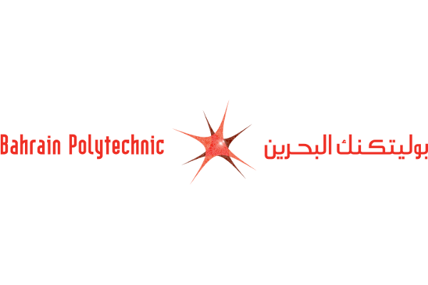 Logo of Bahrain Polytechnic with a red starburst design in the center and text in English and Arabic.