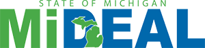 Logo for MiDEAL, the State of Michigan's extended purchasing program, featuring the words 'MiDEAL' and 'State of Michigan' with the Michigan state outline integrated into the text.