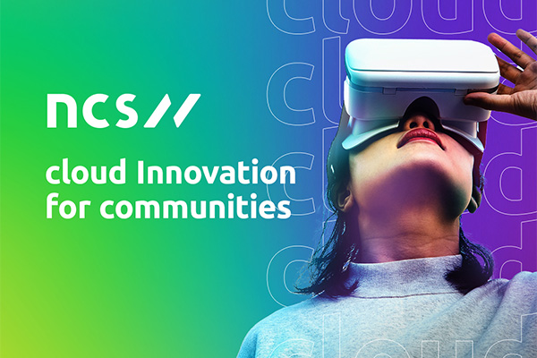 Text reading "NCS // cloud innovation for communities" alongside a person wearing a virtual reality headset, set against a gradient background.
