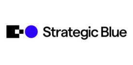 Logo of Strategic Blue featuring a black square, a blue circle, and the text 'Strategic Blue' in black on a white background.