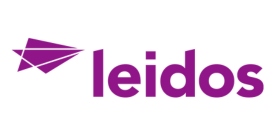 Leidos logo featuring a purple paper airplane icon and the company name in purple text.