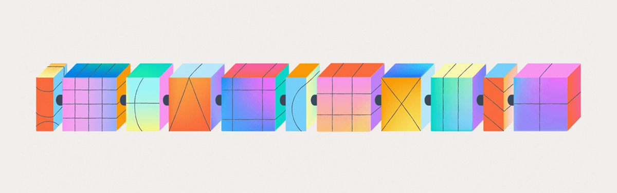 A footer banner image featuring a series of colorful, abstract geometric shapes arranged in a row on a light background.