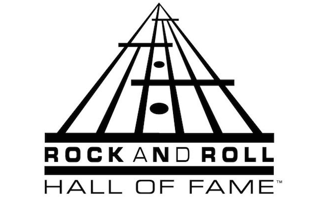 Logo of the Rock and Roll Hall of Fame featuring a stylized guitar fretboard forming a triangular shape above the text.