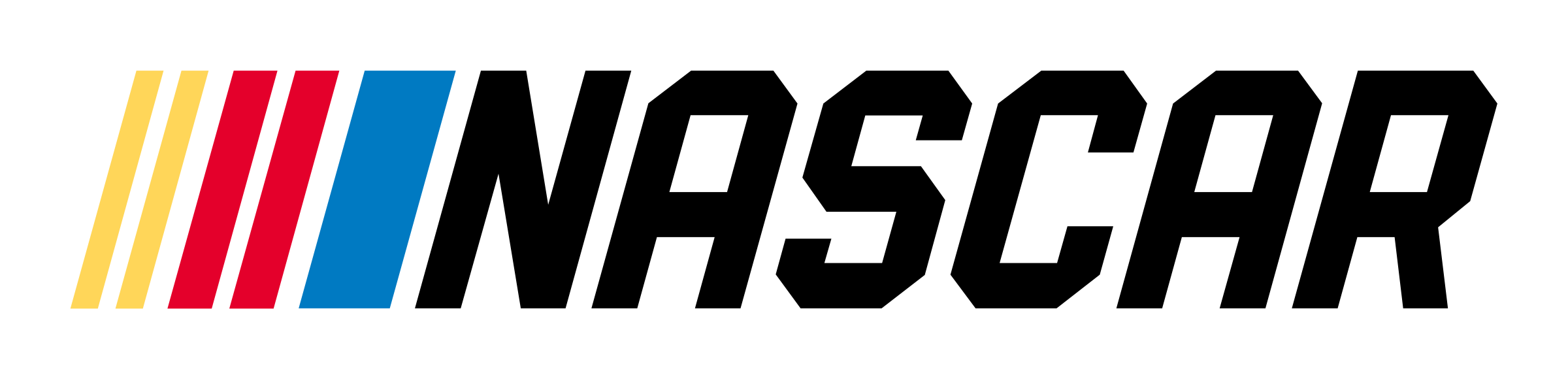 The image shows the official NASCAR logo with stylized yellow, red, and blue stripes followed by the text 'NASCAR' in black.