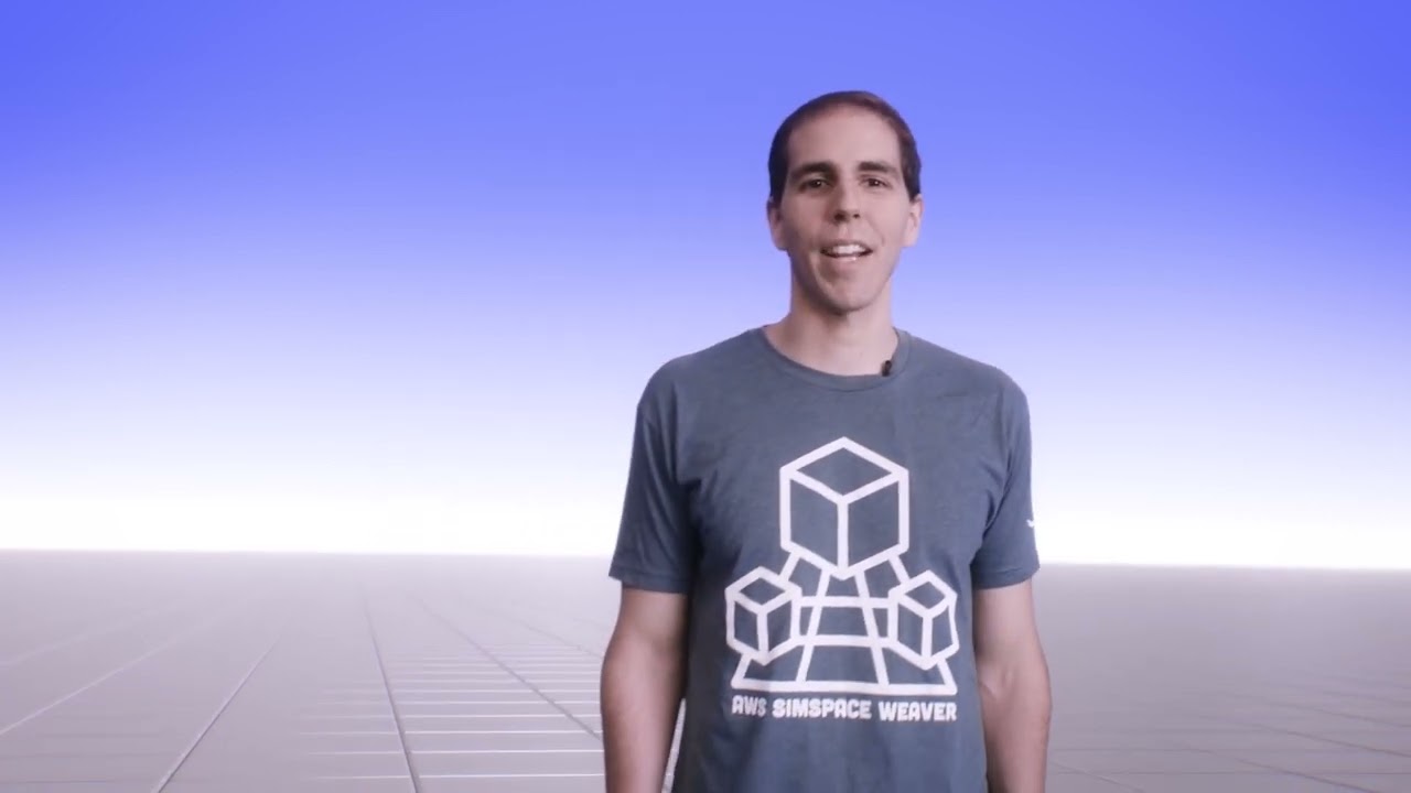 A person presenting in front of a gradient background, wearing an 'AWS SimSpace Weaver' t-shirt. This is a YouTube thumbnail for an AWS SimSpace Weaver presentation.