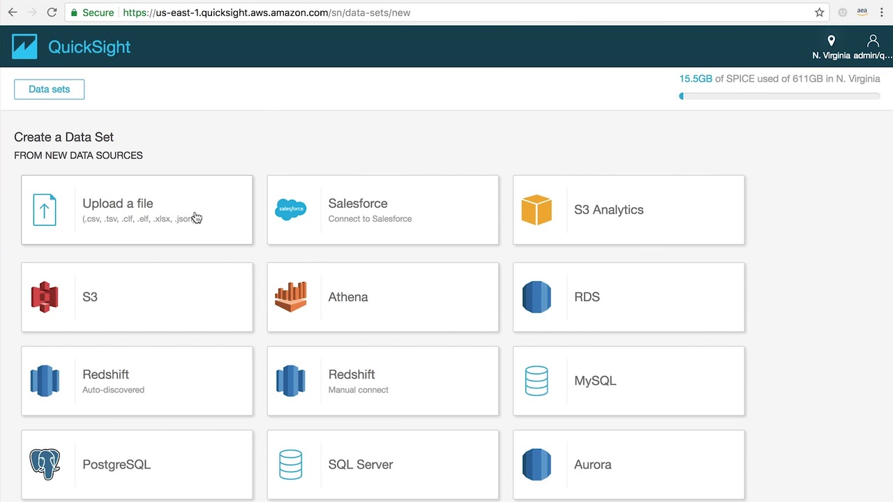 Screenshot of Amazon QuickSight data set creation screen showing various data source options, including file upload, Salesforce, S3, S3 Analytics, Athena, RDS, Redshift, MySQL, PostgreSQL, SQL Server, and Aurora.