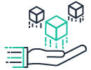 Illustration of an open hand holding three floating cubes, representing AWS Free Tier resources or services.
