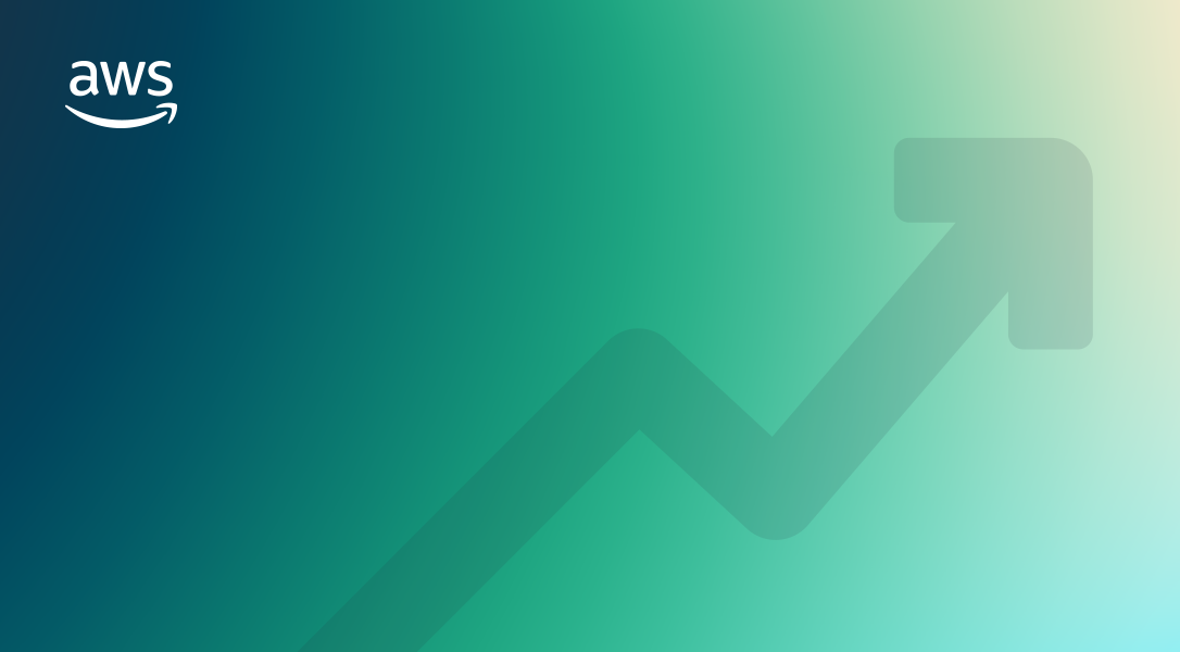 Gradient background with an upward arrow and AWS logo in the corner