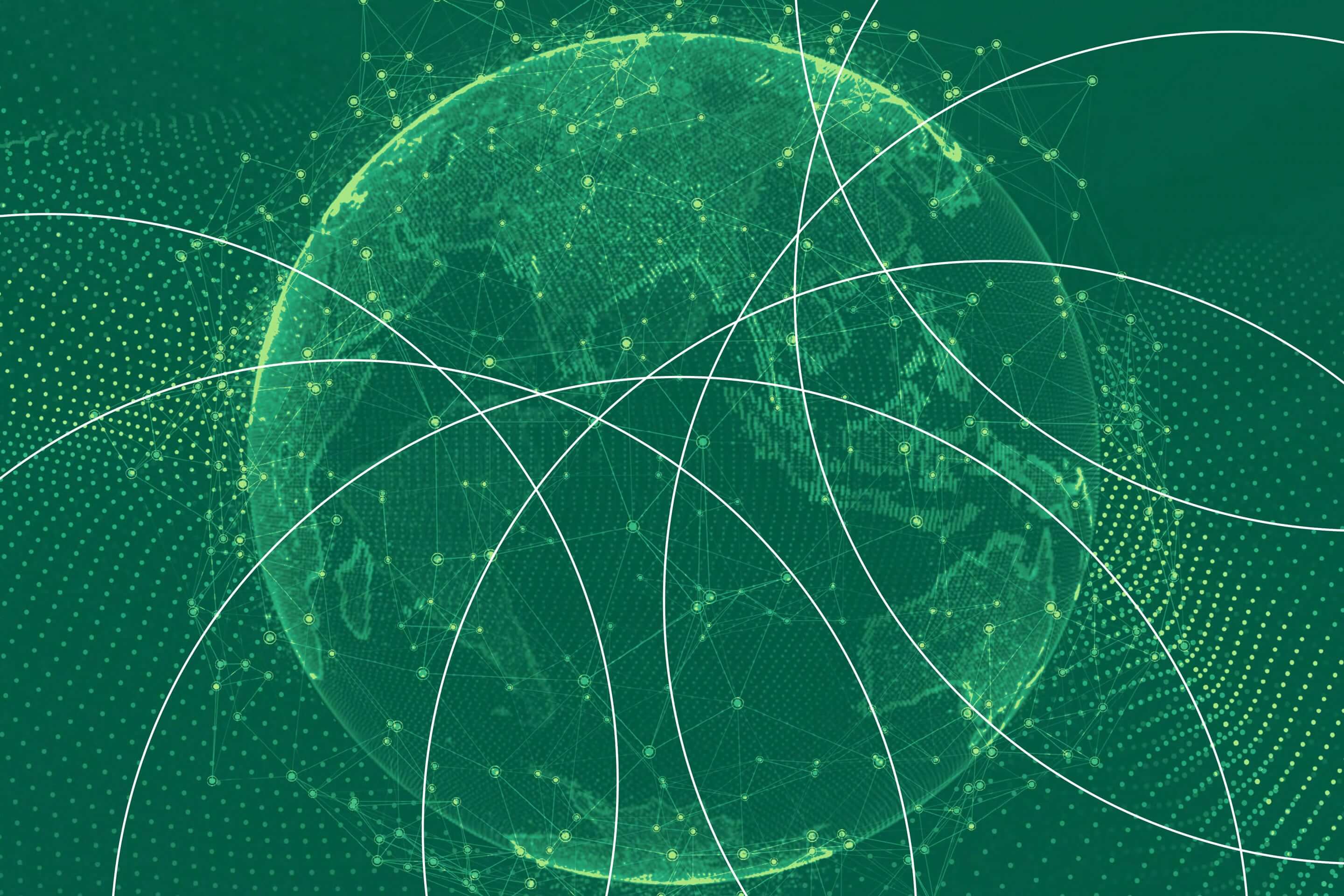 Digital illustration of a globe with connecting dots and lines, representing global connectivity and networks on a green background.