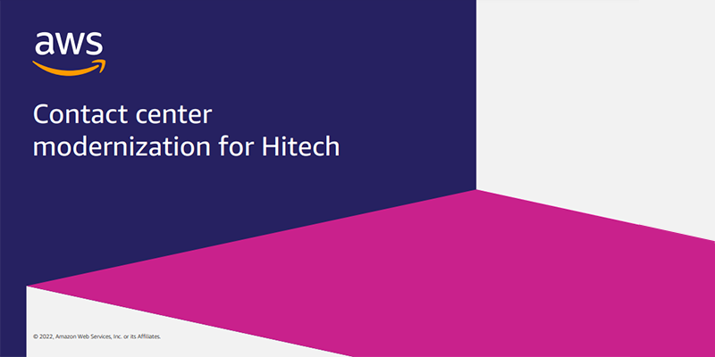 Alt-text: "AWS graphic with text 'Contact center modernization for Hitech' on a purple and pink geometric background."