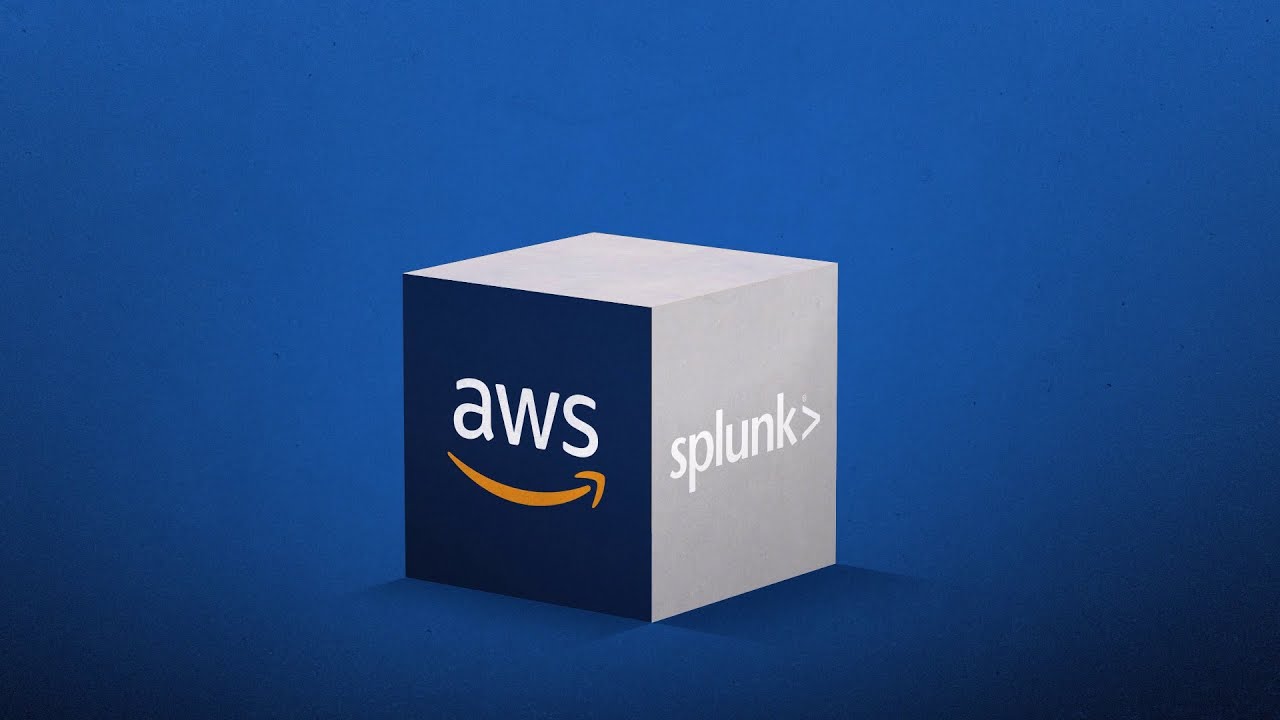 A 3D cube showcasing the AWS and Splunk logos on a blue background, symbolizing partnership or integration between AWS and Splunk.