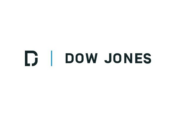The Dow Jones logo with a stylized 'DJ' icon, a vertical blue line, and 'DOW JONES' in black text on a white background.