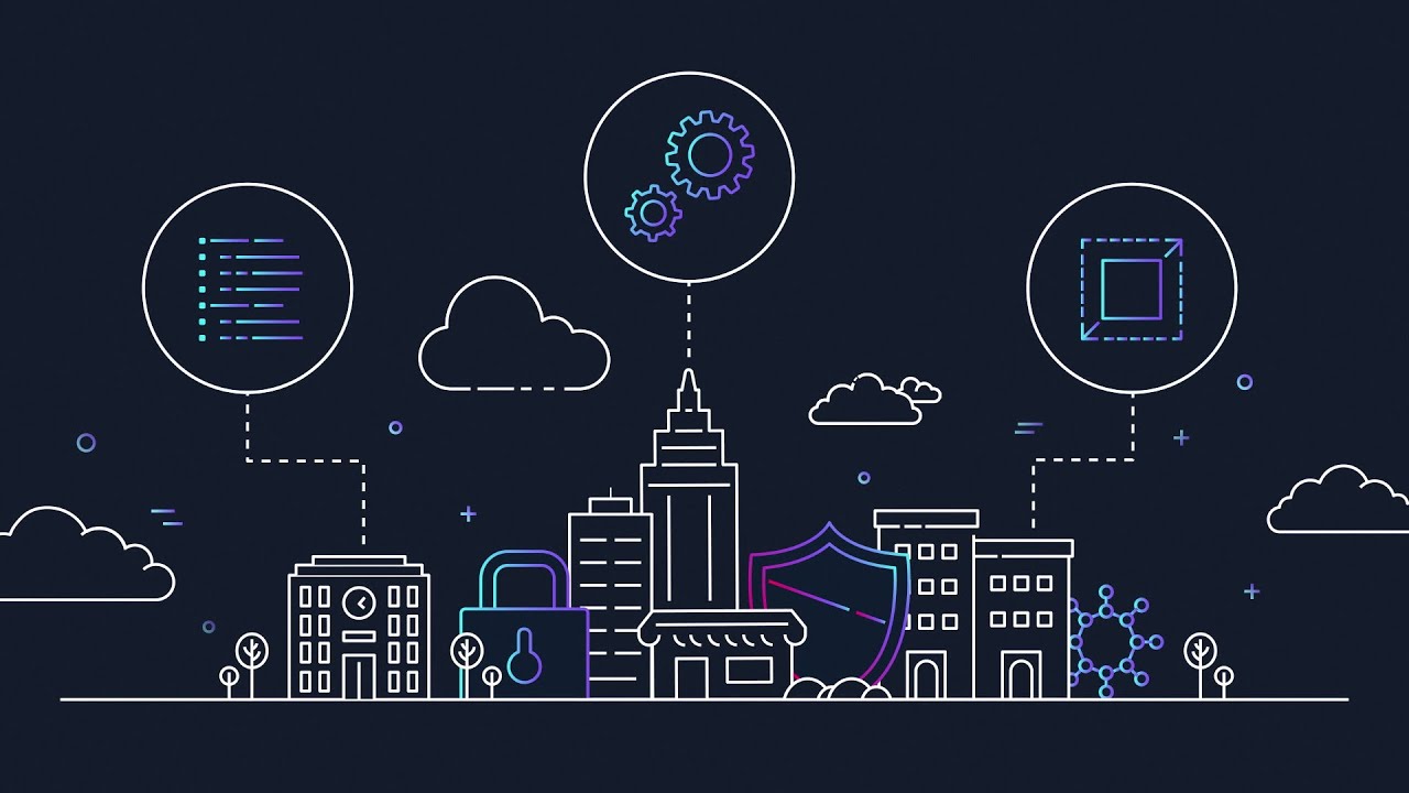Illustration of a city skyline with cloud technology, security, and identity compliance elements, representing cloud infrastructure, secure data, and scalable solutions. Used as a YouTube thumbnail for AWS security and compliance topics.