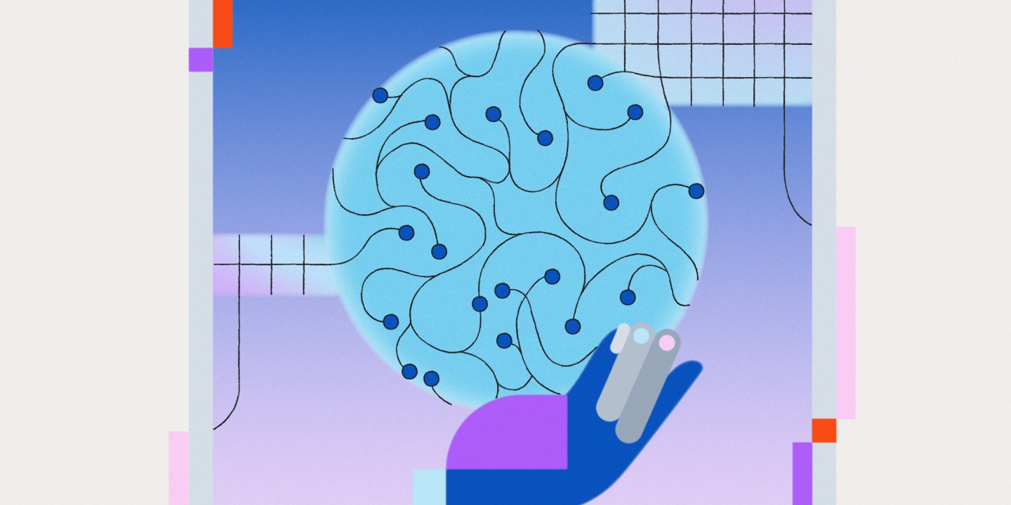 Conceptual illustration of light blue brain with dark blue interconnected nodes held by blue hand, symbolizing artificial intelligence, neural networks, and human-AI interaction on purple gradient background.