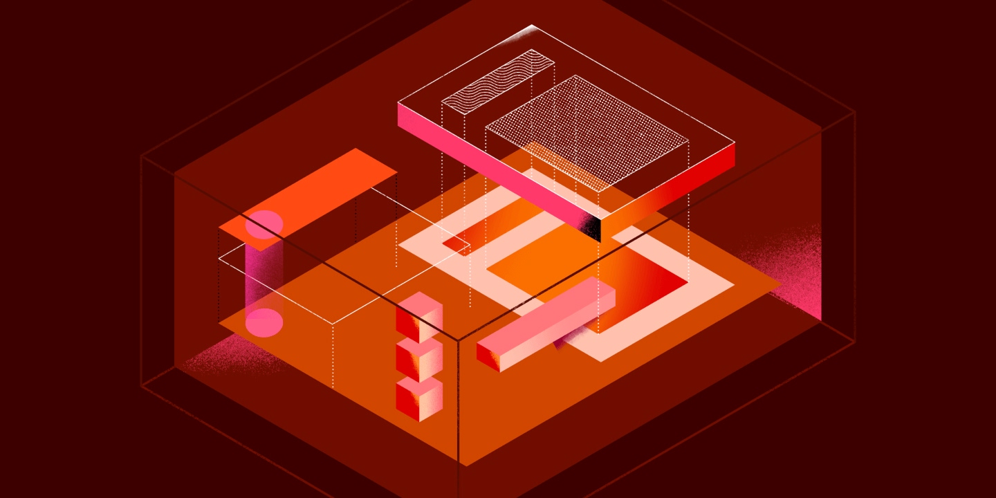 Isometric 3D layered architecture diagram with orange base, pink connectors, mesh grid pattern, and red stacked elements on dark red background.