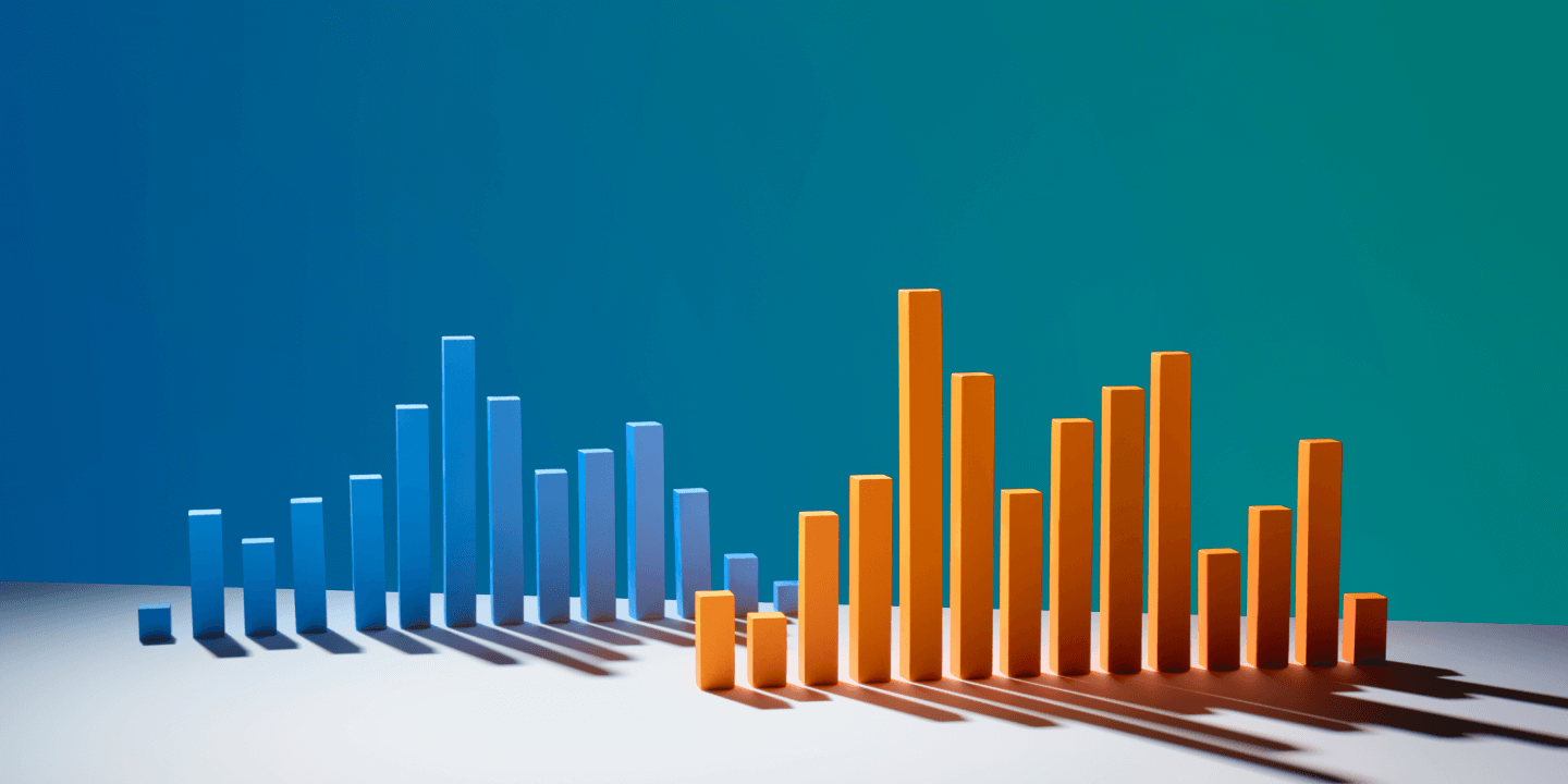 A 3D illustration of a bar graph with blue and orange bars on a blue-green gradient background, representing data comparison or analytics.
