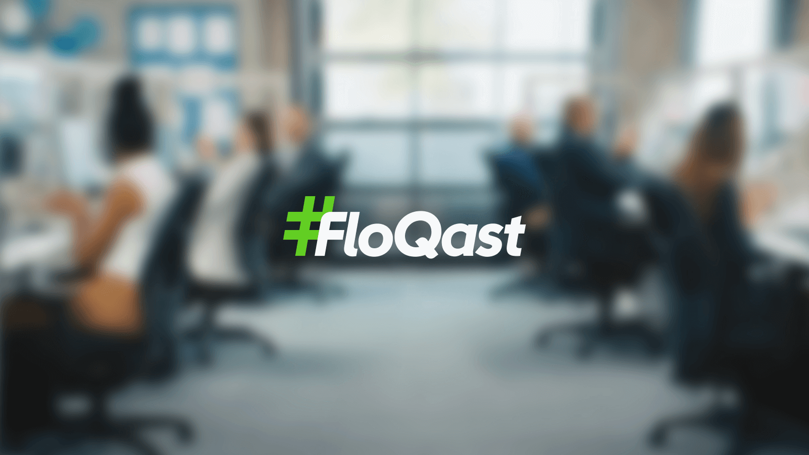FloQast logo centered on a blurred office background with people working at desks.