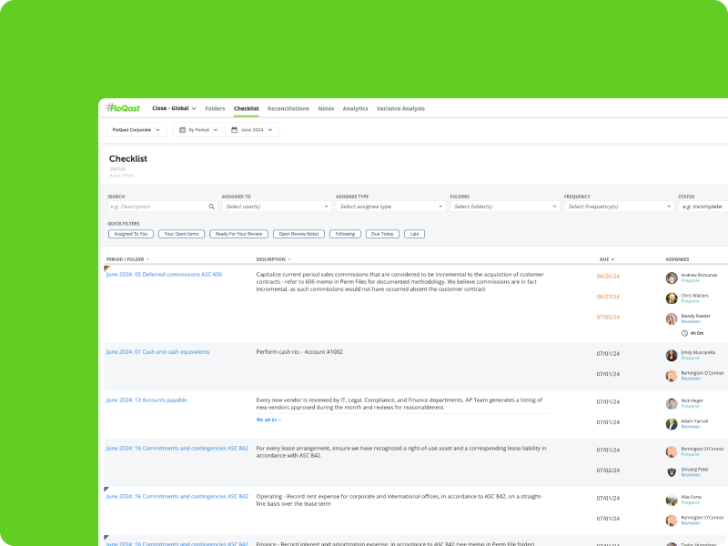 Screenshot of the FloQast platform's checklist user interface displayed on a green background, showing task management features, assignments, and due dates for financial close operations.