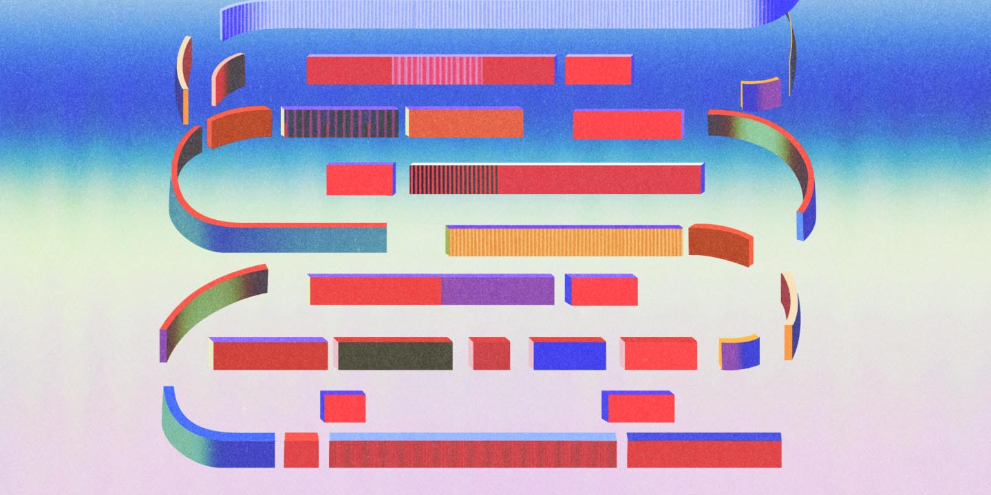 Abstract illustration behind a blue, yellow, and purple gradient background with red and blue curves in the center