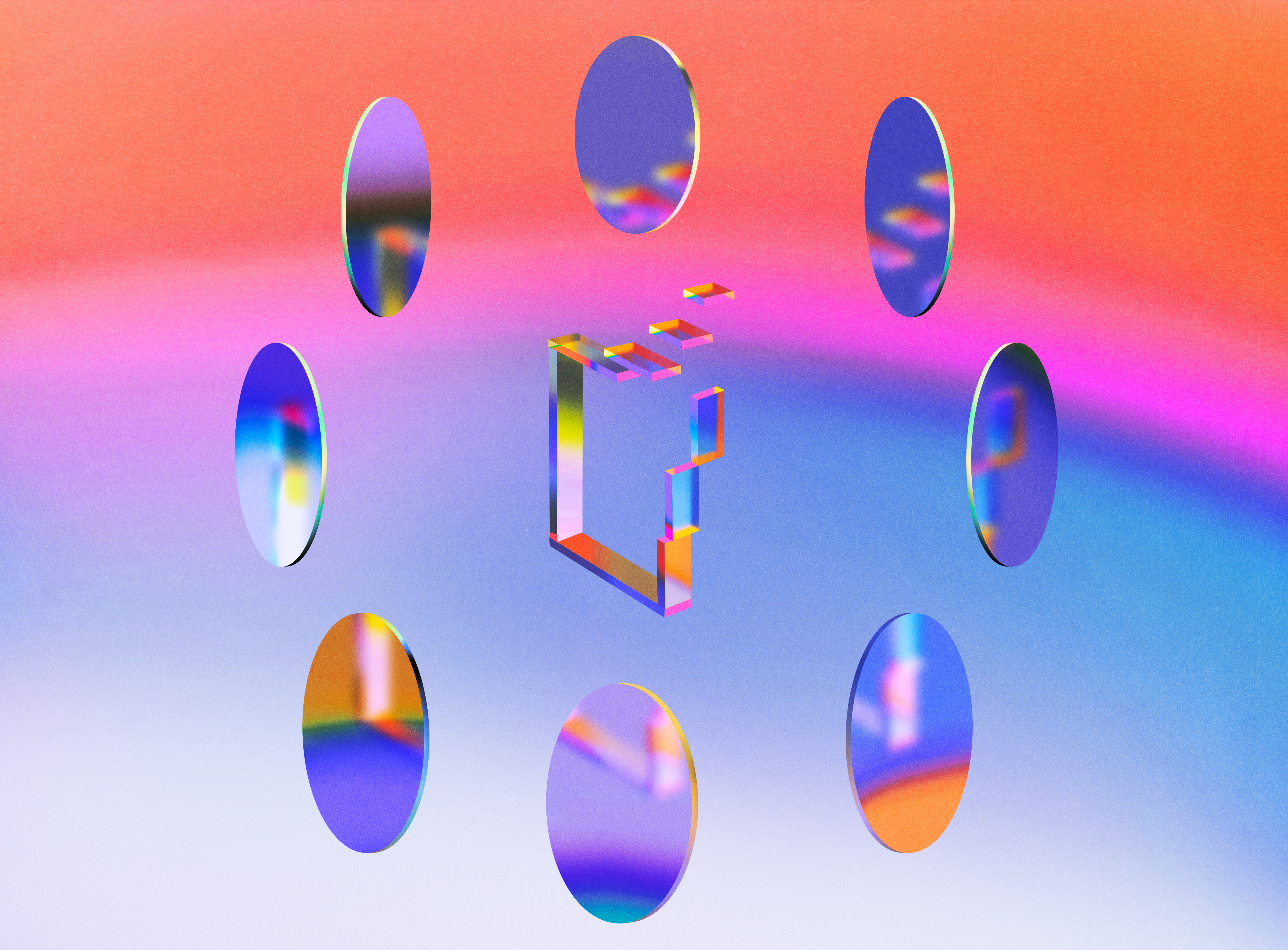 Abstract illustration of iridescent oval discs arranged in a ring around a translucent glass cube on an orange, pink, and blue gradient background.
