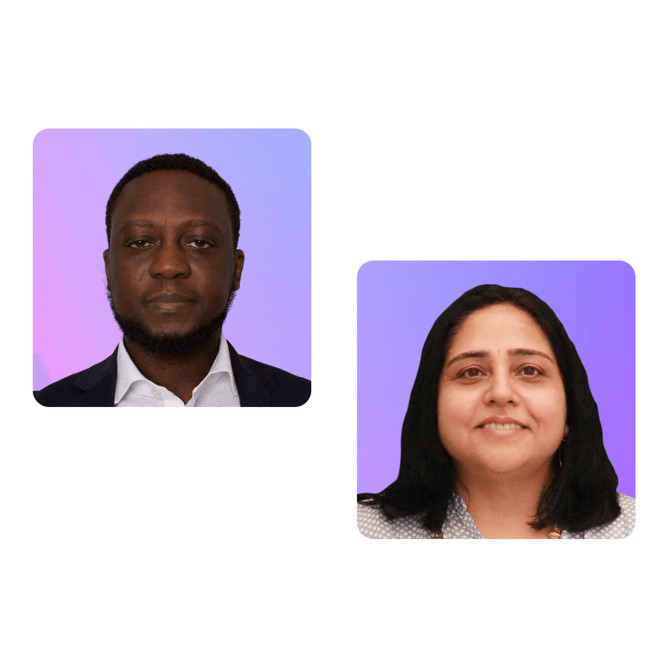 Kunle Adeleke and Dimple Dhar headshots in one compiled image